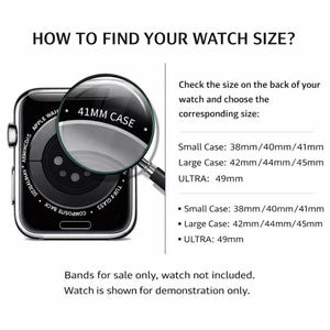 May include: Diagram showing how to find the correct watch size. The image includes a smartwatch with a magnifying glass highlighting the "41MM CASE" size. Text provides size details for small, large, and ultra cases.