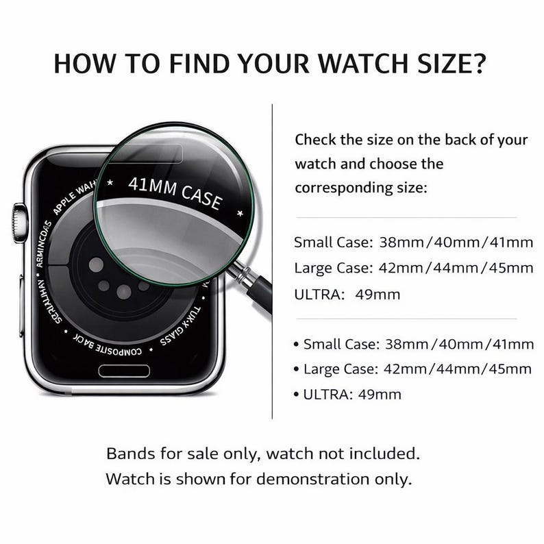 May include: Diagram showing how to find the correct watch size. The image includes a smartwatch with a magnifying glass highlighting the "41MM CASE" size. Text provides size details for small, large, and ultra cases.