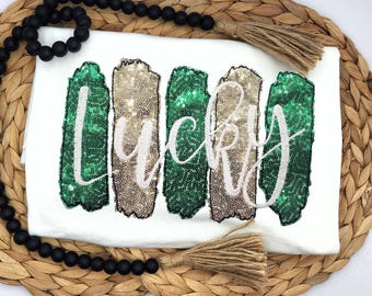 Embroidered Sequin Lucky Shirt St. Patricks Day Clover shirt