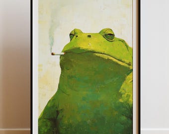 Funny Frog Wall Art: Smoking Animal Oil Painting (Digital Download)
