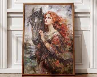 Epona Art Print Red Hair Woman and Horse Oil Painting Celtic Mythology Wall Decor Fantasy Ocean Ship Poster Equestrian Gift