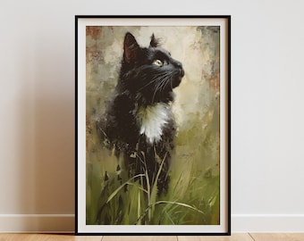 Tuxedo Cat Art Print, Green Meadow, Impressionist Style (Digital Download)