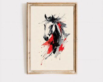 Abstract Watercolor Horse Print, Red Black Equine Poster, Minimalist Equestrian Decor (Digital Download)