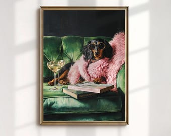 Funny Dachshund Print, Dog on Velvet Sofa Art, Vintage Animal Oil Painting
