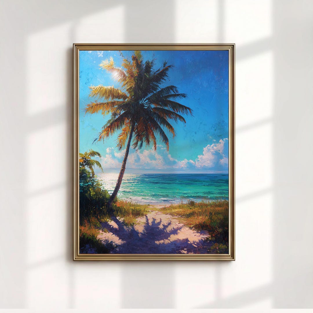 Tropical Beach Art Print, Palm Tree Ocean Painting, Sunny Coastal Wall ...