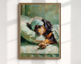 Sleeping Dachshund Art Print, Funny Dog Painting, Sage Green Bedroom Wall Decor, Digital Download