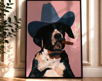 Funny Dog Wall Art Print, Cowboy Dog Poster, Cigar Dog Artwork, Western Dog Decor, Dog Lover Gift, Vintage Style Animal Wall Art