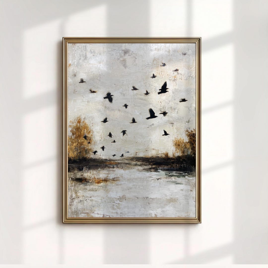 Flying Birds Art Print, Abstract Flock Painting, Neutral Landscape Wall ...