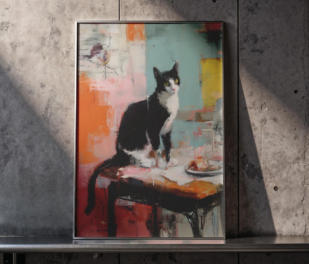 Tuxedo Cat Art Print | Colorful Abstract Animal Painting | Black and ...