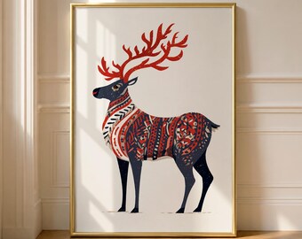 Nordic Reindeer Wall Art Print, Scandinavian Deer Poster, Folk Art Animal Decor, Christmas Reindeer Illustration, Rustic Cabin Wall Art