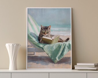 Whimsical Cat Reading Beach Oil Painting Print (Digital Download)