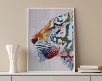 Vibrant Tiger Profile Print: Textured Abstract Animal Wall Art (Digital Download)