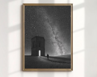 Dark Academia Starry Night Print, Surreal Stone Tower Landscape (Digital Download)