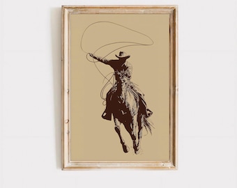 Vintage Cowboy Wall Art, Western Rodeo Lasso Sketch, Southwestern Cowboy Core Digital Download