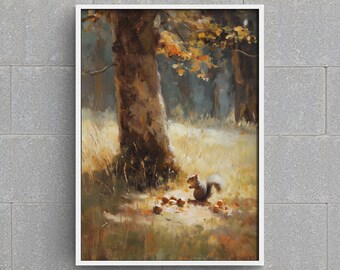 Squirrel in Forest Print, Impressionist Woodland Wall Art, Fall Nature Painting
