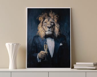 Gentleman Lion Tuxedo Oil Painting, Champagne Toast Wall Art (Digital Download)