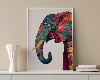 Botanical Elephant Wall Art, Boho Maximalist Print, Digital Download, Eclectic Indian Decor Printable