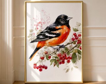 Red Bird Wall Art Print, Watercolor Bird Painting, Songbird Botanical Poster, Red and Black Bird Decor, Nature Wall Art, Bird Lover Gift