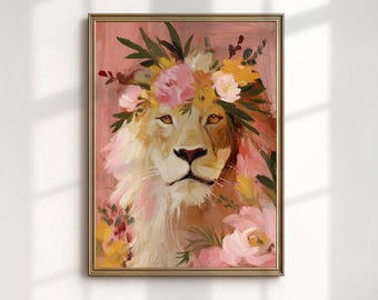 Floral Lion Portrait Print, Pink Nursery Wall Art, Impasto Safari Animal Painting