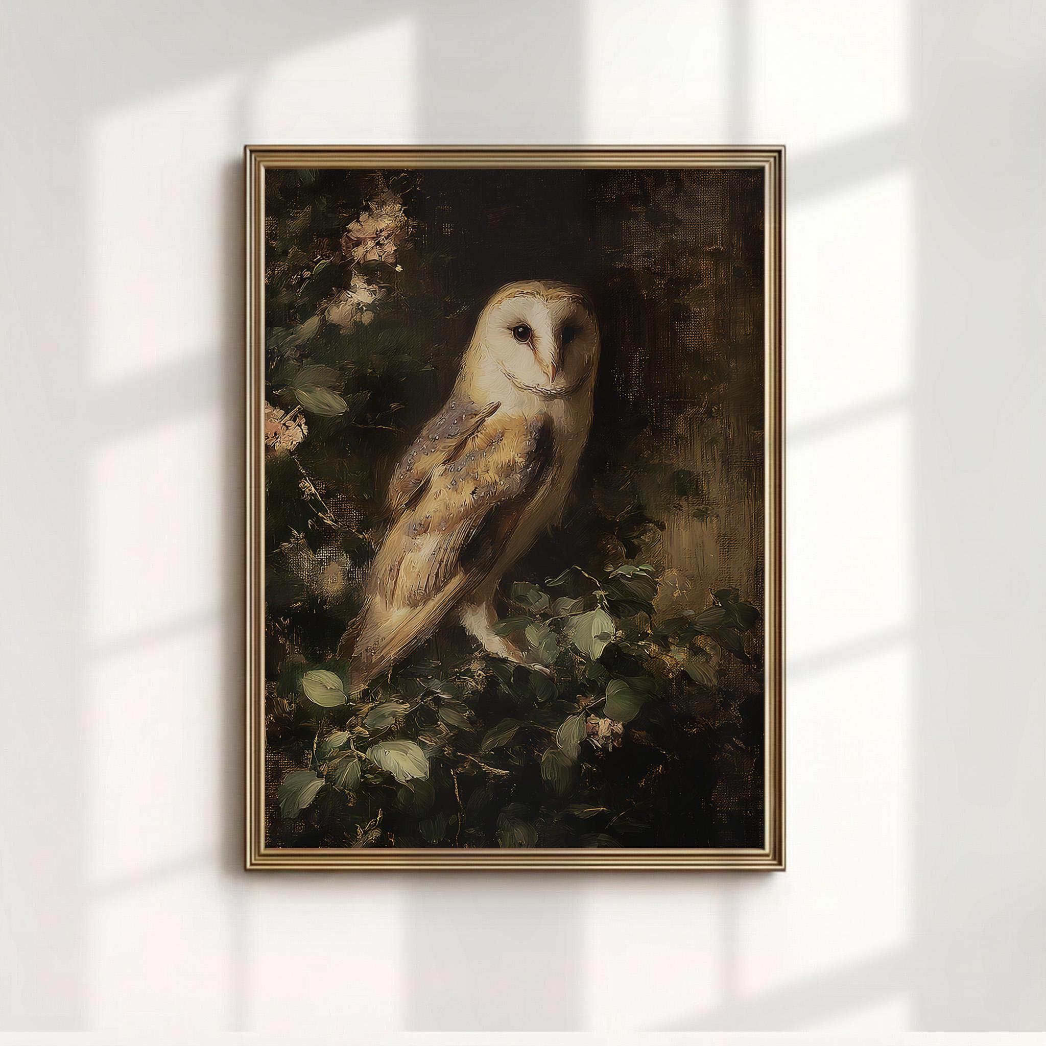 Barn Owl Art Print, Vintage Bird Painting, Moody Forest Decor