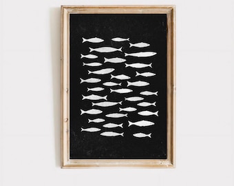 Minimalist Fish Art Print, Black and White Coastal Decor, School of Fish Poster