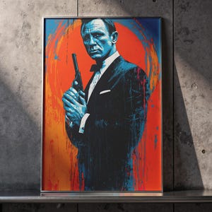 May include: Framed art print featuring a stylized portrait of a man in a black suit holding a gun. The artwork uses a vibrant color palette of blue, orange, and red, with a textured, painterly effect. The background is a bold orange circle.