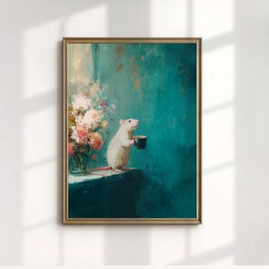 Impresión artística de una rata tomando café, pintura al óleo de un animal peculiar, decoración de pared de cocina en verde azulado