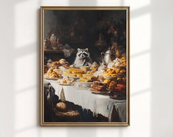 Vintage Raccoon Feast Print, Funny Still Life Art, Dark Academia Dining Decor