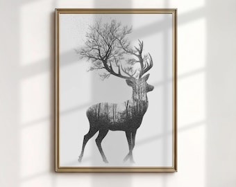 Forest Stag Double Exposure Print: Black White Deer Silhouette Art (Digital Download)