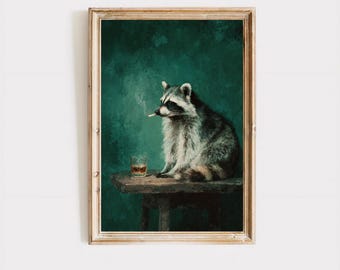 Funny Raccoon Wall Art, Smoking Animal Oil Painting, Whiskey Bar Cart Decor