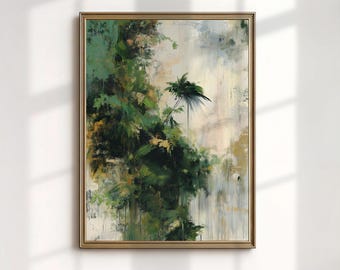 Abstract Botanical Art Print, Dripping Green Foliage Canvas, Moody Jungle Wall Decor