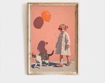 Retro Girl Cat Balloon Art Pink Wall Mid Century Vintage Playful Print Digital Download