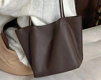 Genuine Leather Minimalist Tote Handbag | Bucket Shoulder Bag | Women Everyday Commuter Fashion Purse