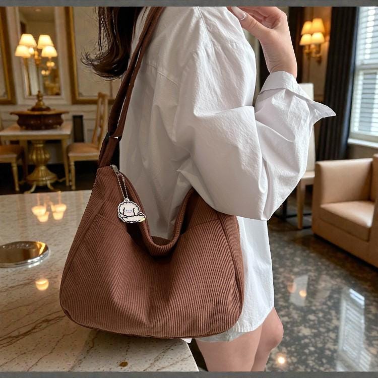 Borsa Tote In Velluto A Coste Prite | Grande, Con Tracolla Regolabile E Tasche, Per Lavoro E Università