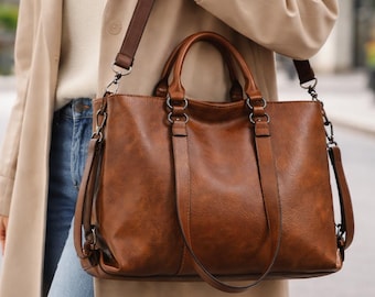 PU Leather Tote Bag Large Capacity | Soft Leather Shoulder Bag | Crossbody Handbag for Work Travel