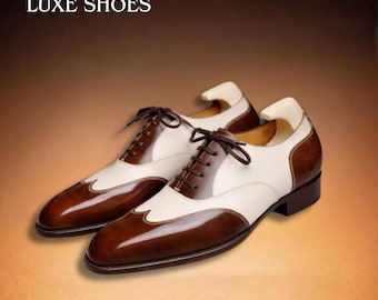 Handmade Two-Tone Spectator Shoes - Men's Brown & Cream Oxford Wingtips