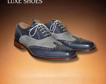 Handmade Men’s Blue and Grey Spectator Shoes - Two-Tone Wingtip Oxford