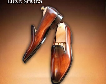 Handmade Patina Wholecut Loafers For Men - Cognac Brown Leather Slip-ons - Luxury Bespoke Dress Shoes