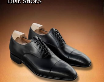 Handmade Men's Black Leather Cap-Toe Oxfords - Luxury Artisan Formal Footwear - Classic Wedding Oxford
