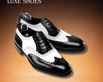 Handmade Black and White Spectator Shoes for Men, Leather Wingtip Brogues, Two Tone Oxford