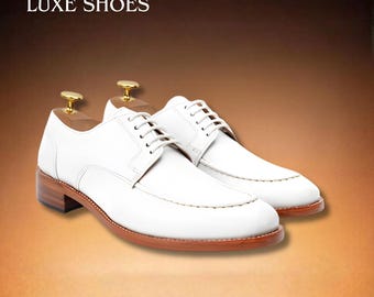 Handmade White Leather Derby Shoes - Men's Apron Toe Dress Shoes - Bespoke Summer Wedding Oxfords