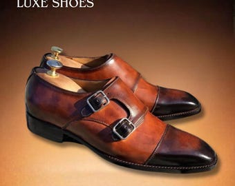 Handmade Men's Double Monk Strap Shoes - Full Grain Tan Patina Leather Formal Dress Shoes
