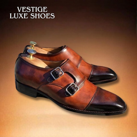 Handmade Men's Double Monk Strap Shoes - Full Grain Tan Patina Leather Formal Dress Shoes