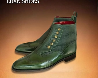 Handmade Men's Green Leather Button Boots - Bespoke Victorian Style Wingtip Ankle Boots
