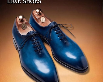 Handmade Men's Blue Whole cut Oxford Shoes - Hand Painted Patina Leather Formal Dress Footwear