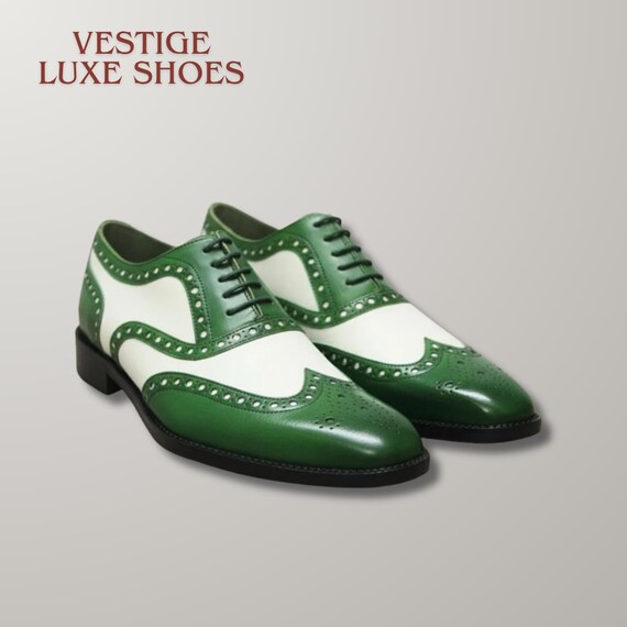 Handmade Green and White Spectator Shoes - Men's Two Tone Wingtip Brogues