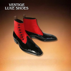 Handmade Men's Victorian Button Boots - Red Suede & Black Patent Leather Ankle Boots