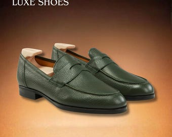 Handmade Men's Olive Green Pebbled Leather Penny Loafers - Bespoke Textured Leather Slip-Ons