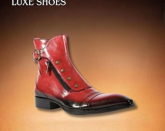 Handmade Men's Red Patina Leather Ankle Boots - Unique Button Detail Spats Style