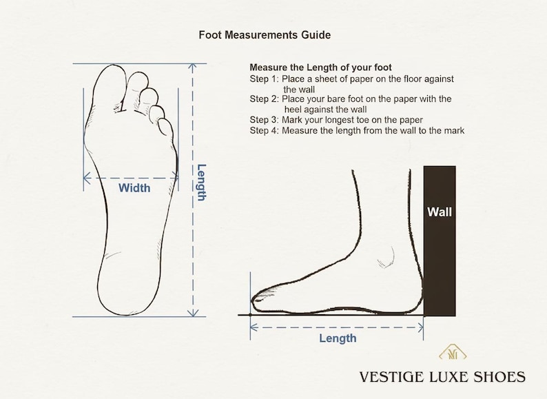 May include: Diagram illustrating how to measure foot length and width. Includes a top-down view and a side view of a foot against a wall, with labeled measurements. Text reads "Foot Measurements Guide" and "Vestige Luxe Shoes."
